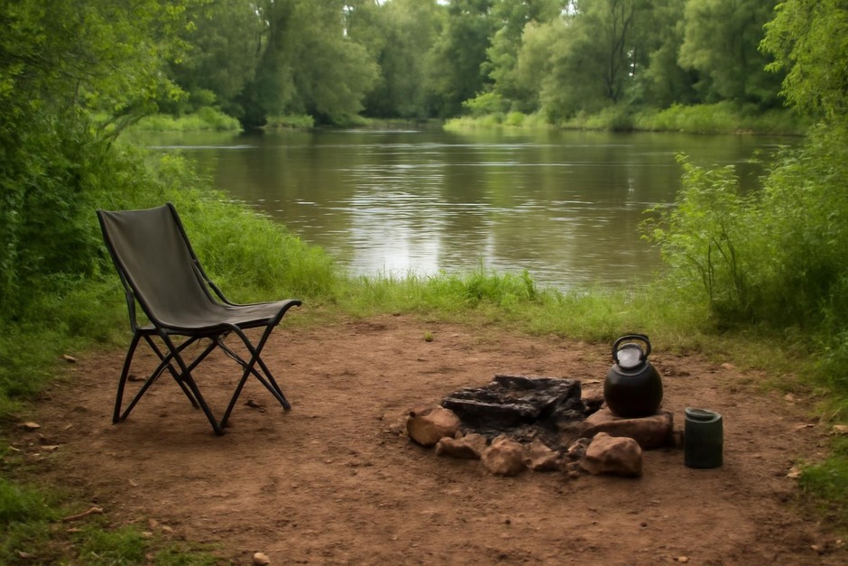 A small cleared campsite beside a river with a chair and cooking area