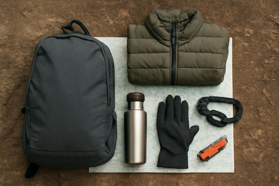 A small daypack with a jacket, water bottle, and versatile gear laid out on a trail map