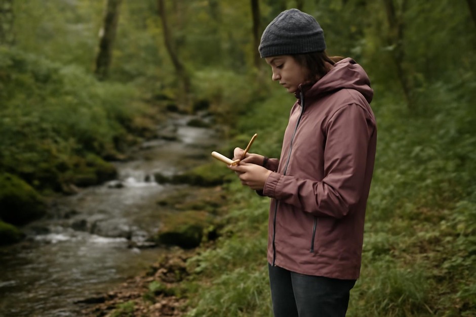 Person standing beside a small forest stream taking notes