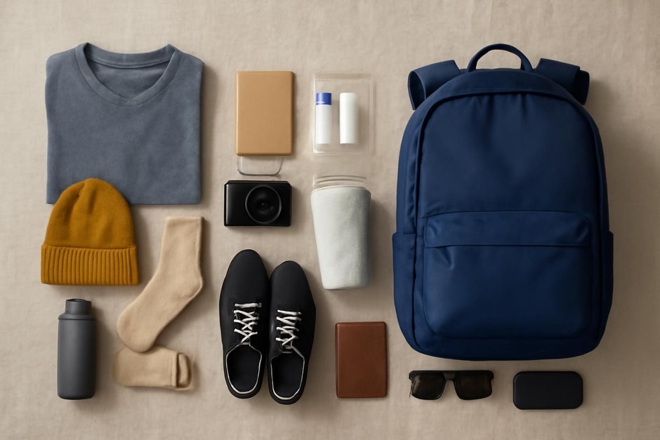 A neatly organized backpack laid out with overnight gear